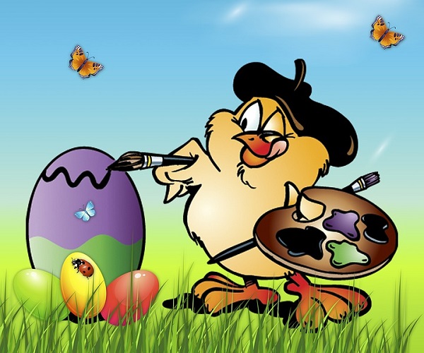 barn tecknad kyckling med palett