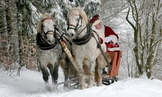 släde med hästar och jultomte