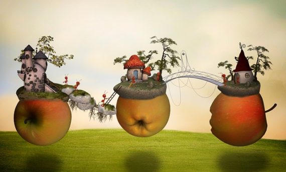 Tecknade äpplen med hus och myror på