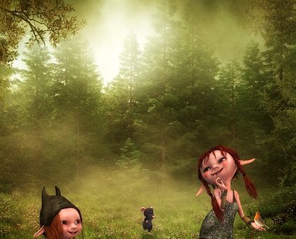 Tecknade trollbarn i en skog