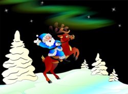 Tomte som rider på ren under norrskenet