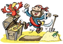 Tecknad pirat och papegoja hittar en skatt.