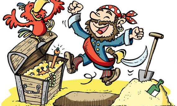 Tecknad pirat och papegoja hittar en skatt.