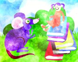 Tecknad flicka som sitter på en hög med böcker och en råtta som sitter bredvid