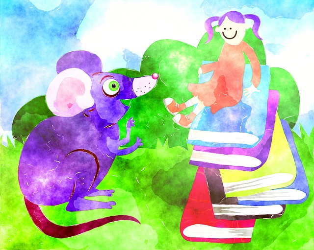 Tecknad flicka som sitter på en hög med böcker och en råtta som sitter bredvid