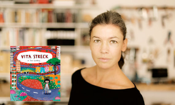 Utställning av originalillustrationer av Sara Lundberg på Bror Hjorths hus (dekorativ porträttbild med bokomslag till boken "Vita streck" infälld)