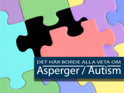 Det här borde alla veta om Aspergers syndrom/autism (informativ bild - pastellfärgade pusselbitar och eventets titel "Det här borde alla veta om Aspergers syndrom/autism" i vi text på mörkblå botten)