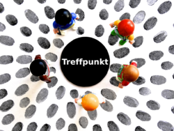 Mötesplats (dekorativ bild med legogubbar och en svart prick med texten Treffpunkt)